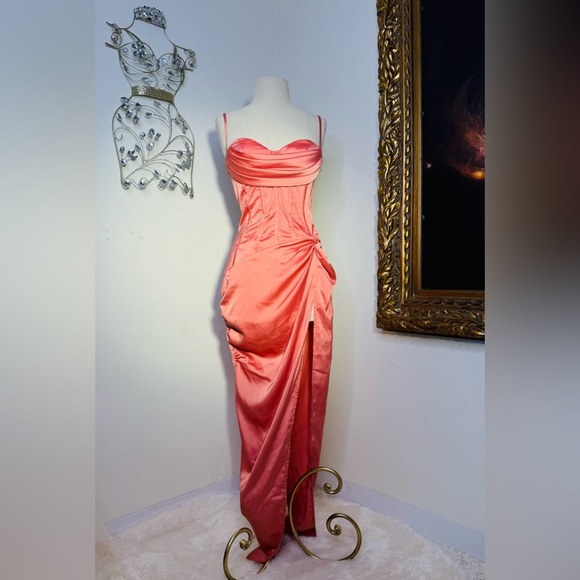 Coral Draped Corset Ruffle Gathered Dress - Picture 2 of 13